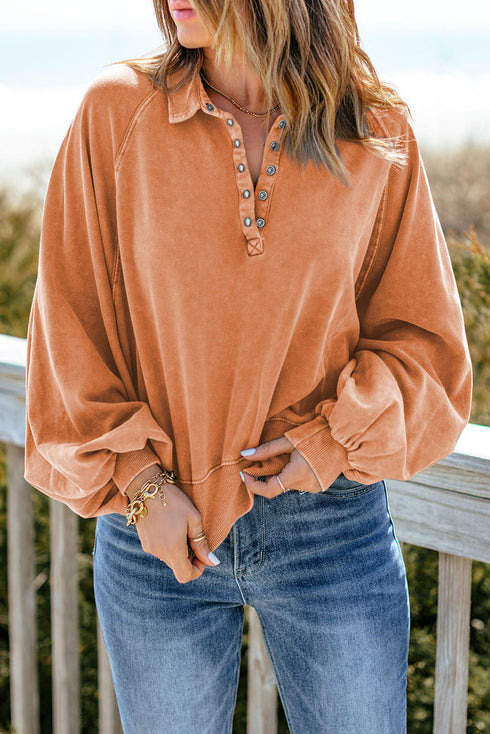 Lantern Sleeve Snap Button Placket Washed Pullover Casual Round Neck Sweatshirt